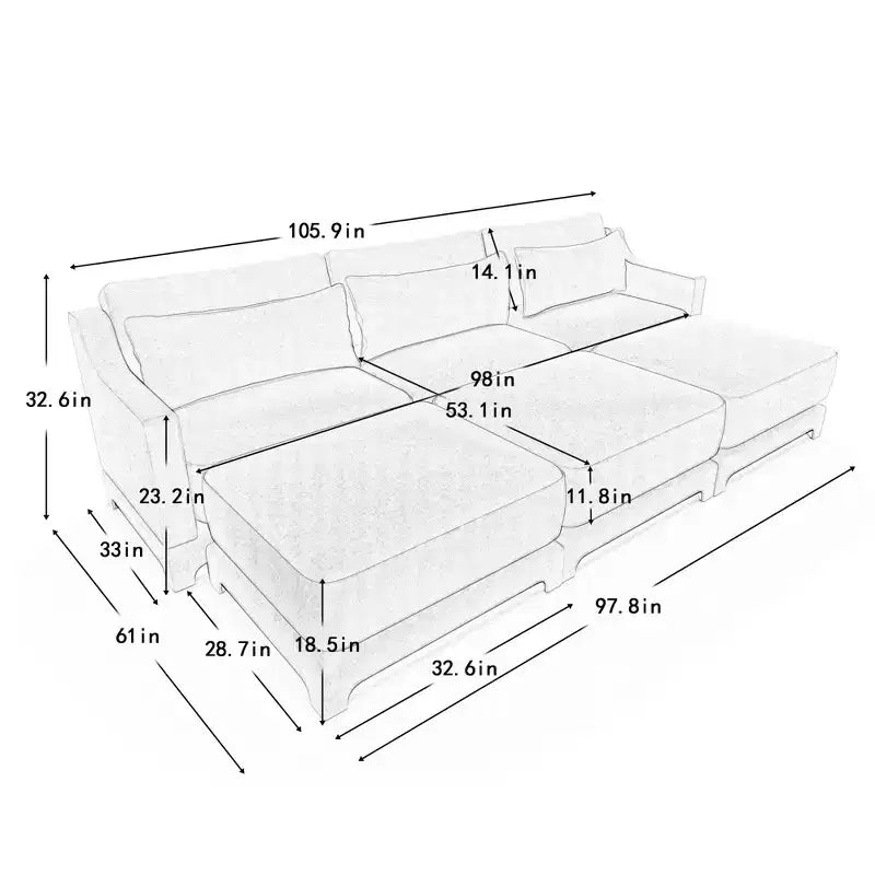 Divano a 3 posti in ciniglia beige con 3 pouf mobili e cuscini lombari, base in legno di alta qualità, spugna ad alta resilienza