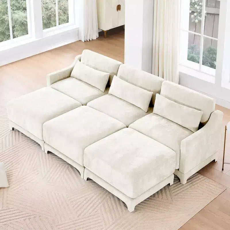 Divano a 3 posti in ciniglia beige con 3 pouf mobili e cuscini lombari, base in legno di alta qualità, spugna ad alta resilienza