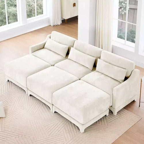 Divano a 3 posti in ciniglia beige con 3 pouf mobili e cuscini lombari, base in legno di alta qualità, spugna ad alta resilienza