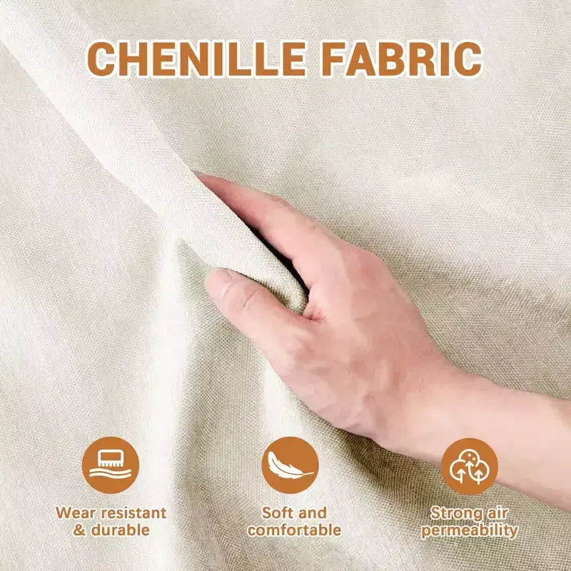 Divano a 3 posti in ciniglia beige con 3 pouf mobili e cuscini lombari, base in legno di alta qualità, spugna ad alta resilienza