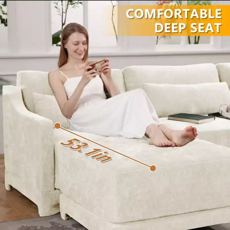 Divano a 3 posti in ciniglia beige con 3 pouf mobili e cuscini lombari, base in legno di alta qualità, spugna ad alta resilienza