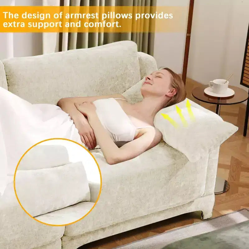 Divano a 3 posti in ciniglia beige con 3 pouf mobili e cuscini lombari, base in legno di alta qualità, spugna ad alta resilienza