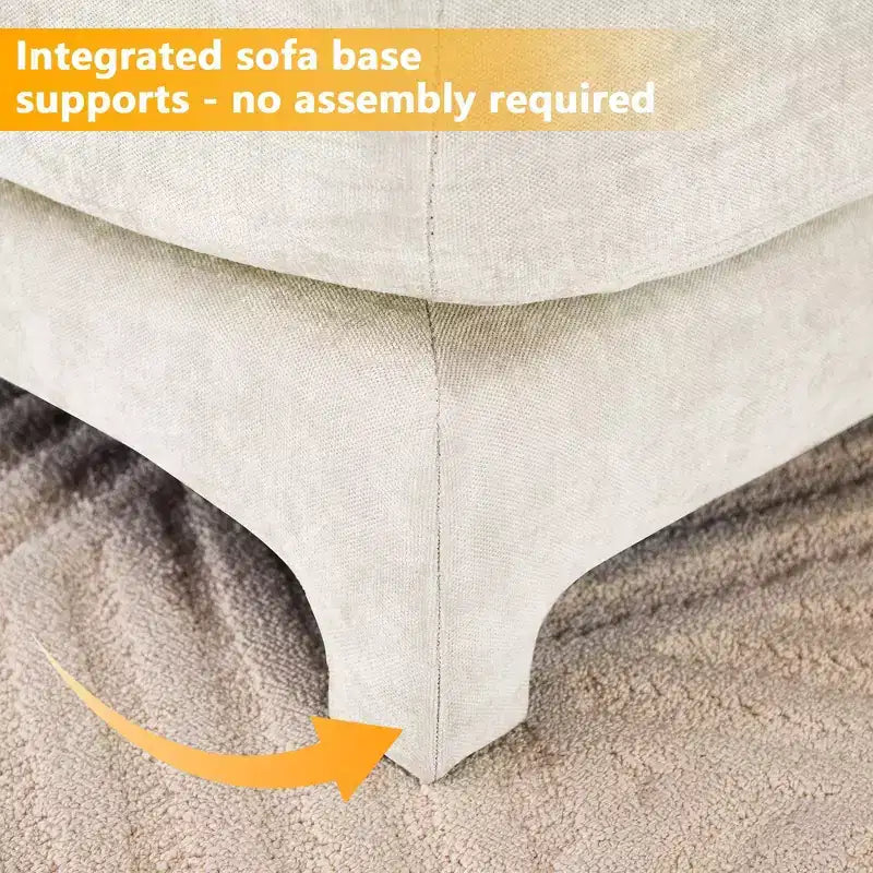 Divano a 3 posti in ciniglia beige con 3 pouf mobili e cuscini lombari, base in legno di alta qualità, spugna ad alta resilienza