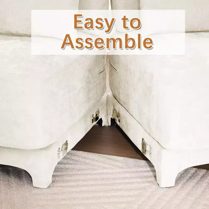 Divano a 3 posti in ciniglia beige con 3 pouf mobili e cuscini lombari, base in legno di alta qualità, spugna ad alta resilienza