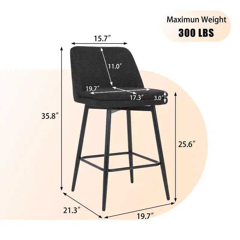 2 Sgabelli da Bar Girevoli ad Altezza Contro 360 Girevoli Imbottiti Altezza Seduta 65 cm Tessuto Lino Nero per Isola Cucina Pub