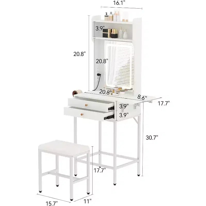 Piccola toeletta per trucco con specchio, mini toeletta con luce regolabile, 2 cassetti, porta-asciugacapelli per piccole camere da letto, appartamenti