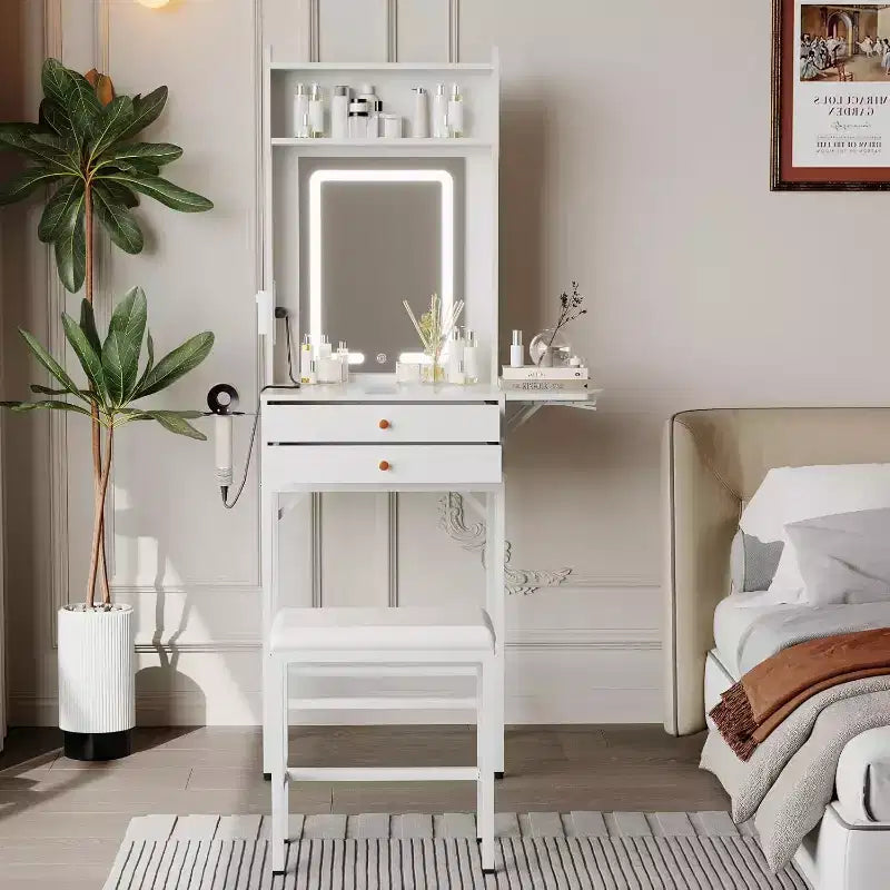 Piccola toeletta per trucco con specchio, mini toeletta con luce regolabile, 2 cassetti, porta-asciugacapelli per piccole camere da letto, appartamenti