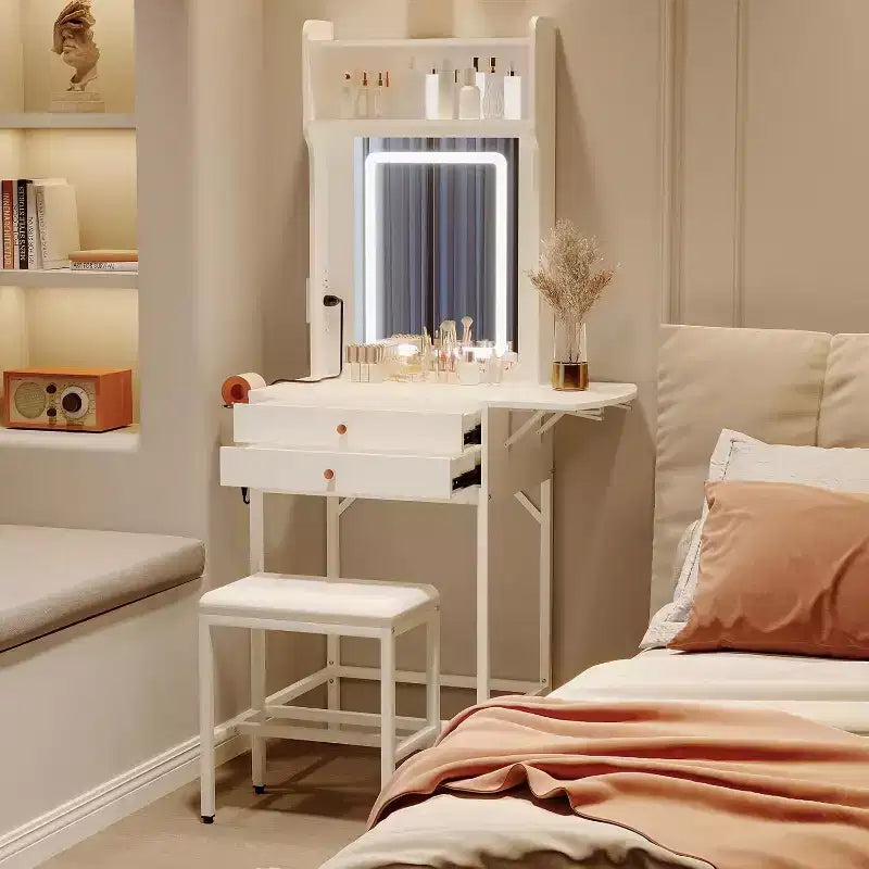 Piccola toeletta per trucco con specchio, mini toeletta con luce regolabile, 2 cassetti, porta-asciugacapelli per piccole camere da letto, appartamenti