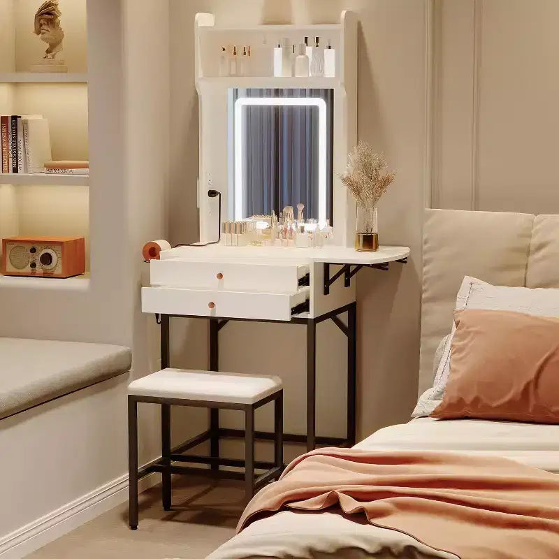 Piccola toeletta per trucco con specchio, mini toeletta con luce regolabile, 2 cassetti, porta-asciugacapelli per piccole camere da letto, appartamenti