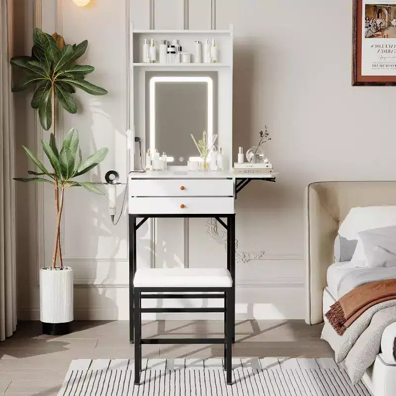 Piccola toeletta per trucco con specchio, mini toeletta con luce regolabile, 2 cassetti, porta-asciugacapelli per piccole camere da letto, appartamenti