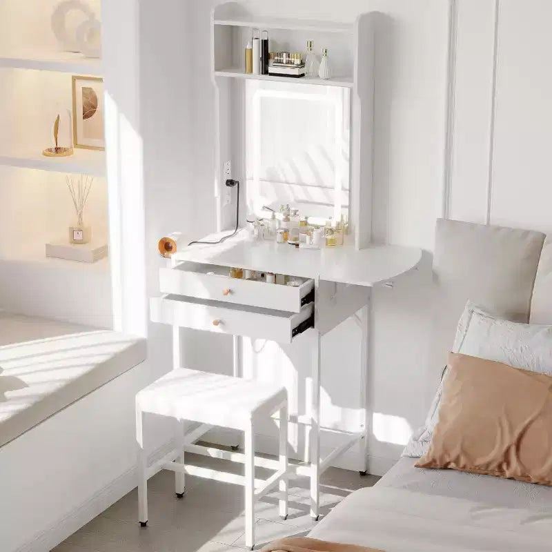 Piccola toeletta per trucco con specchio, mini toeletta con luce regolabile, 2 cassetti, porta-asciugacapelli per piccole camere da letto, appartamenti