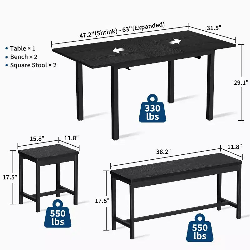 5 Tavoli da Pranzo per 4-8 Persone, Grande Tavolo da Cucina Allungabile da 160 cm con 2 Panche e 2 Sgabelli Quadrati, Facile da Montare