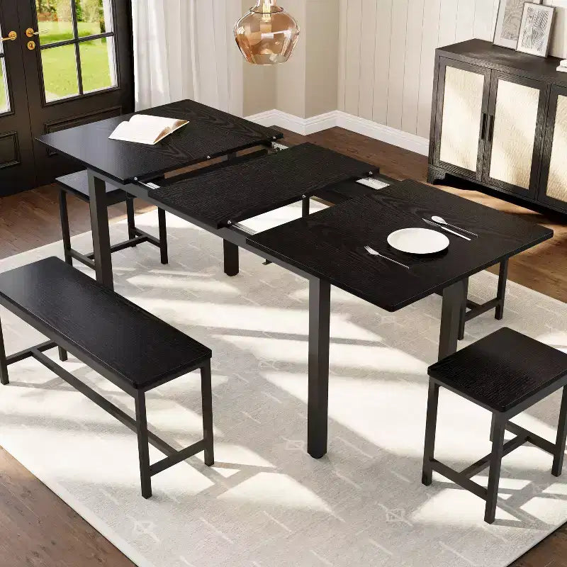 5 Tavoli da Pranzo per 4-8 Persone, Grande Tavolo da Cucina Allungabile da 160 cm con 2 Panche e 2 Sgabelli Quadrati, Facile da Montare