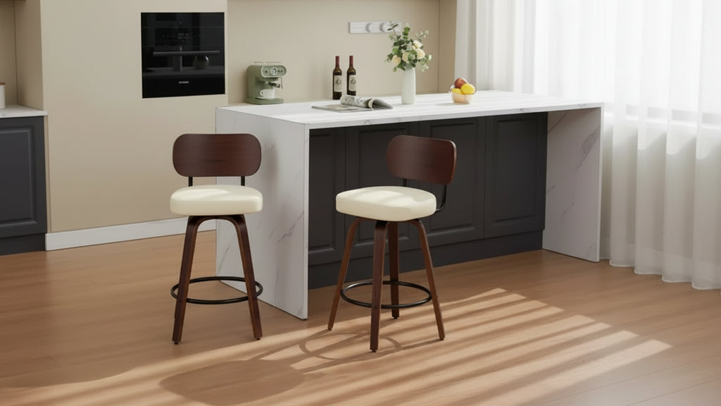CLIHOME Set of 2 Swivel Bar Stools, 26 Upholstered Faux Leather Counter Height Barstools with Walnut Back & Bentwood Legs