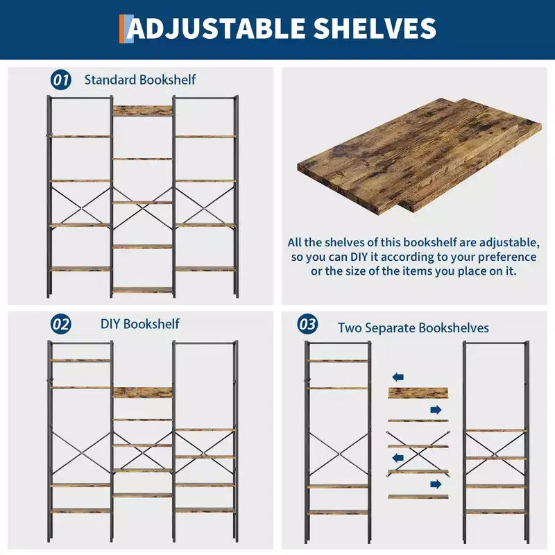 Libreria industriale a 5 ripiani - Ripiani in legno regolabili e struttura in metallo resistente, capacità 45 kg, ampio organizer