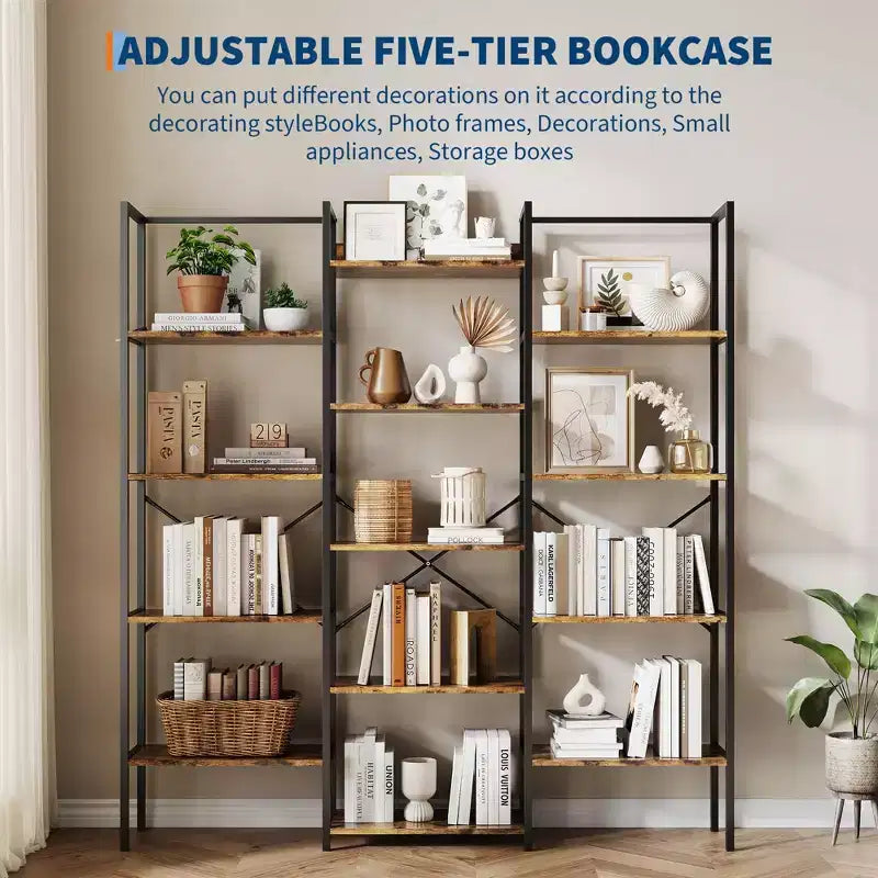 Libreria industriale a 5 ripiani - Ripiani in legno regolabili e struttura in metallo resistente, capacità 45 kg, ampio organizer