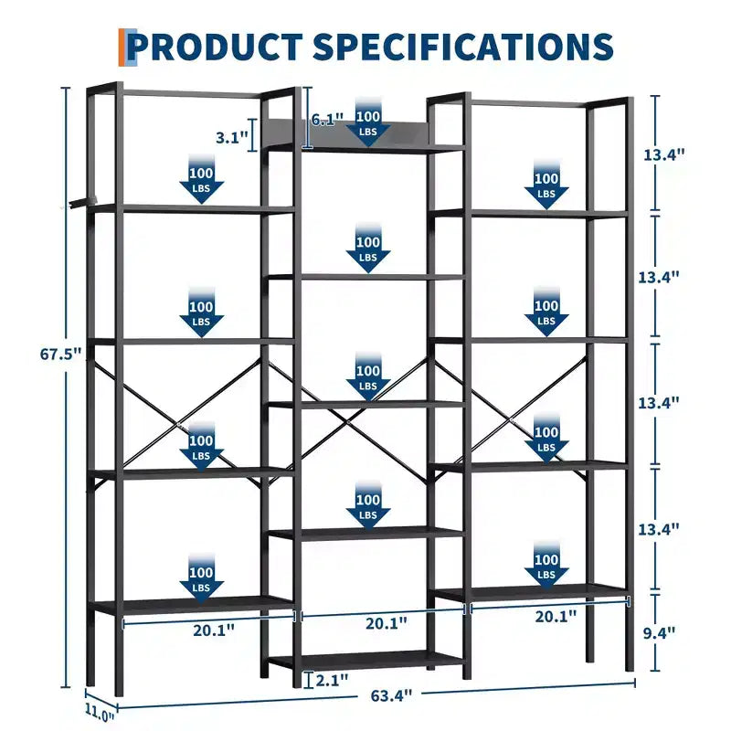 Libreria industriale a 5 ripiani - Ripiani in legno regolabili e struttura in metallo resistente, capacità 45 kg, ampio organizer