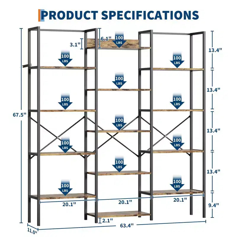 Libreria industriale a 5 ripiani - Ripiani in legno regolabili e struttura in metallo resistente, capacità 45 kg, ampio organizer