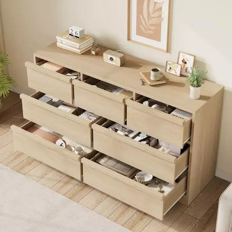 Cassettiera 54" Rovere Naturale a 7 Cassetti per Camera da Letto, Cassettiera in Legno con Grande Spazio Contenitivo, Armadio Organizer per Soggiorno