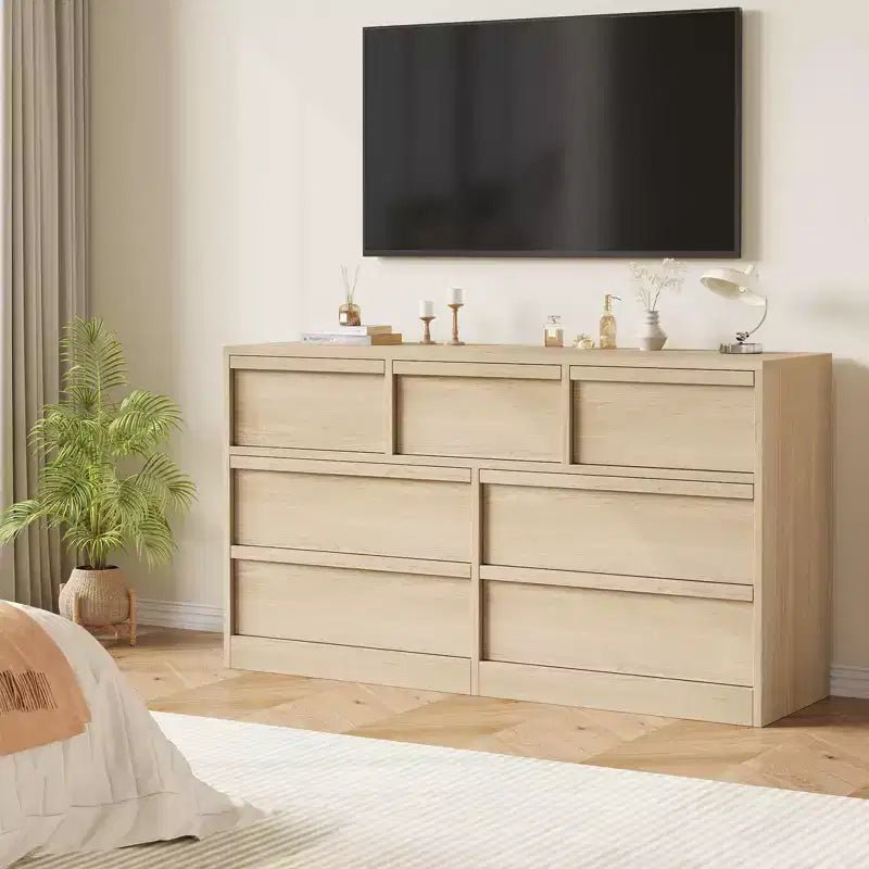 Cassettiera 54" Rovere Naturale a 7 Cassetti per Camera da Letto, Cassettiera in Legno con Grande Spazio Contenitivo, Armadio Organizer per Soggiorno