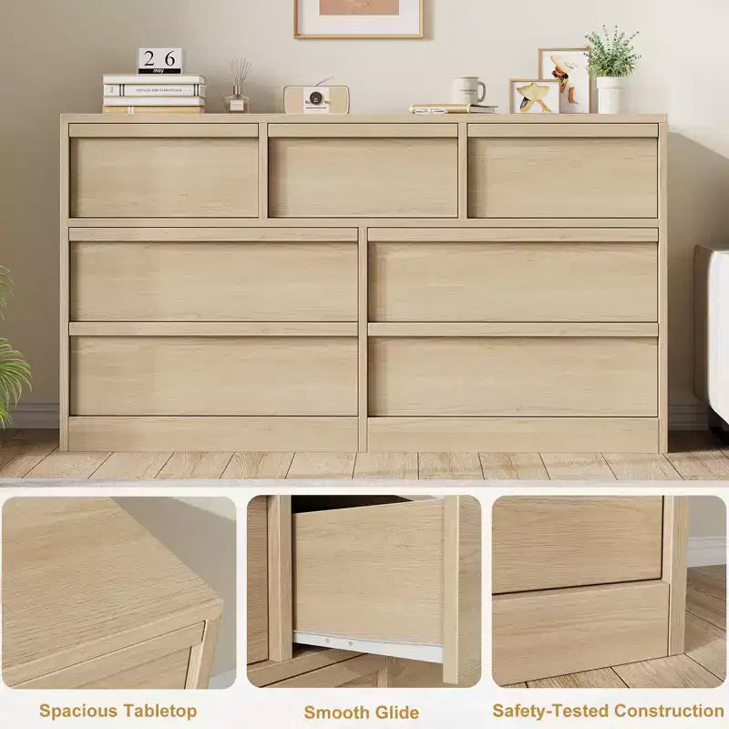Cassettiera 54" Rovere Naturale a 7 Cassetti per Camera da Letto, Cassettiera in Legno con Grande Spazio Contenitivo, Armadio Organizer per Soggiorno