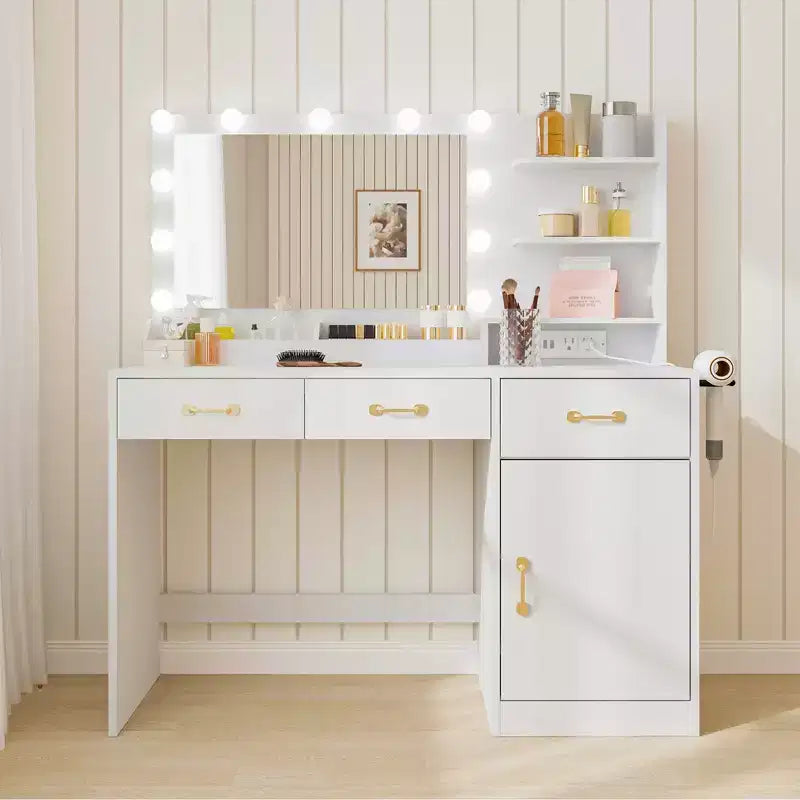 Tocador per Trucco con Specchio - 3 Cassetti, 2 Scomparti, Mobiletto, Ripiani Aperti - Tavolo da Trucco in Legno per Camera da Letto o Spogliatoio - Bianco