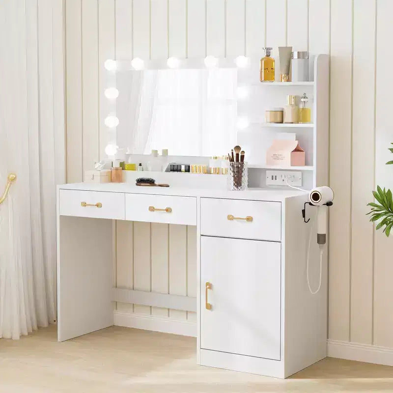 Tocador per Trucco con Specchio - 3 Cassetti, 2 Scomparti, Mobiletto, Ripiani Aperti - Tavolo da Trucco in Legno per Camera da Letto o Spogliatoio - Bianco