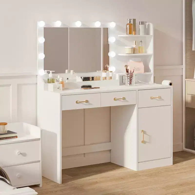Tocador per Trucco con Specchio - 3 Cassetti, 2 Scomparti, Mobiletto, Ripiani Aperti - Tavolo da Trucco in Legno per Camera da Letto o Spogliatoio - Bianco