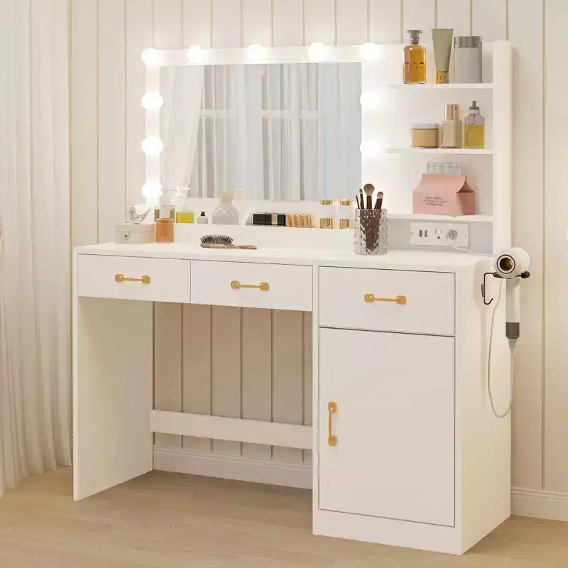 Tocador per Trucco con Specchio - 3 Cassetti, 2 Scomparti, Mobiletto, Ripiani Aperti - Tavolo da Trucco in Legno per Camera da Letto o Spogliatoio - Bianco