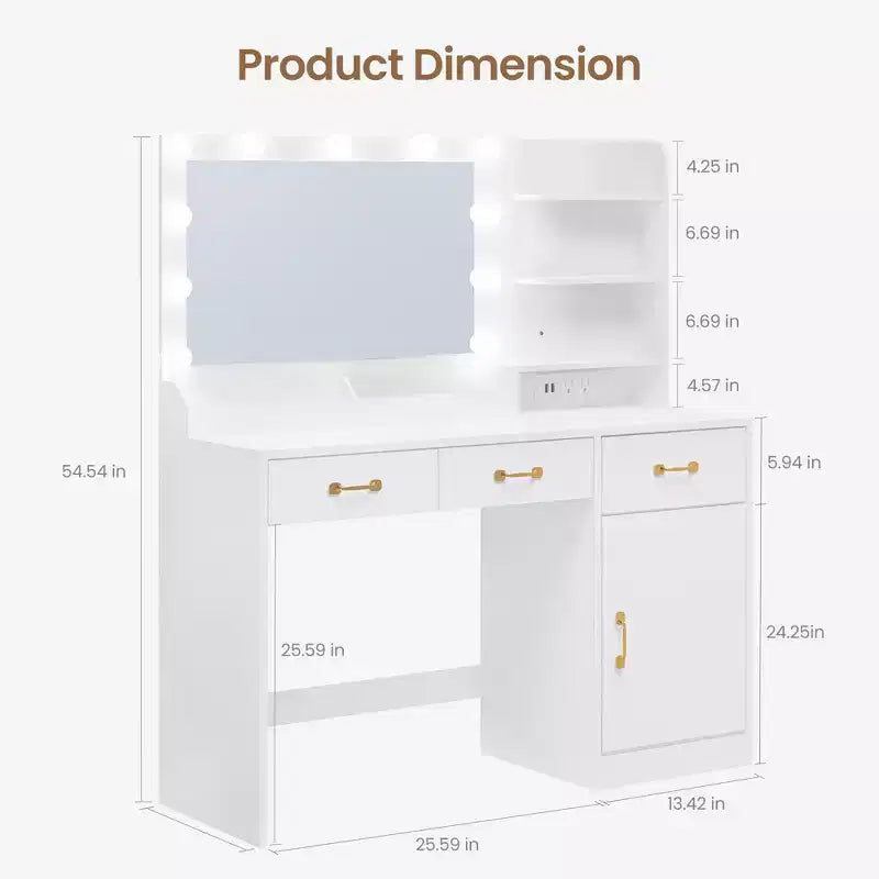 Tocador per Trucco con Specchio - 3 Cassetti, 2 Scomparti, Mobiletto, Ripiani Aperti - Tavolo da Trucco in Legno per Camera da Letto o Spogliatoio - Bianco